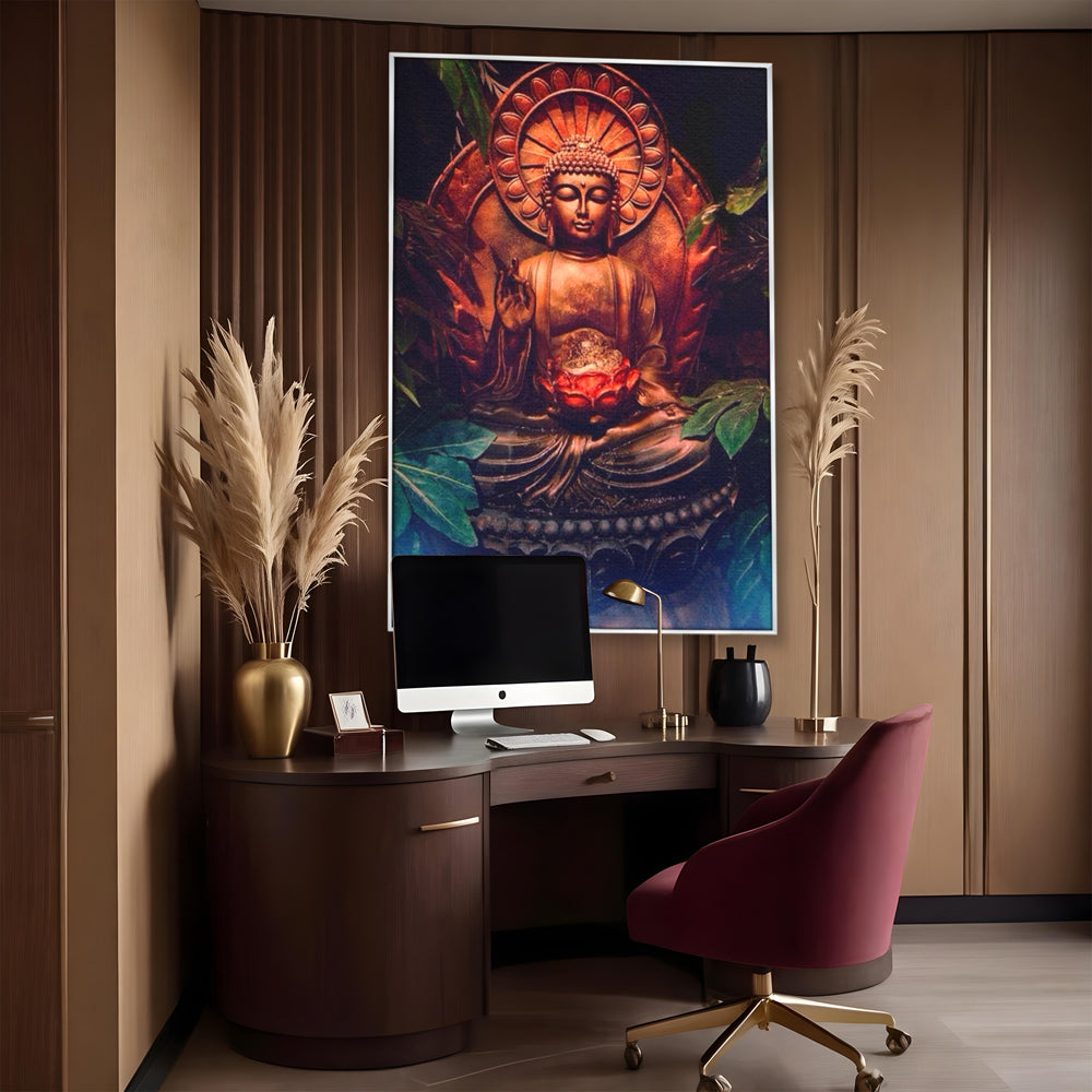 Tablou canvas cu tablou canvas cu statuie buddha in meditatie, in rama de aluminiu argintiu, pe perete intr-un birou